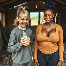 In an abandoned poor shack, a malnourished 19-year-old evil-looking blonde woman with blue eyes holds a baby bottle, her eyes wide and manic as she screams and smiles