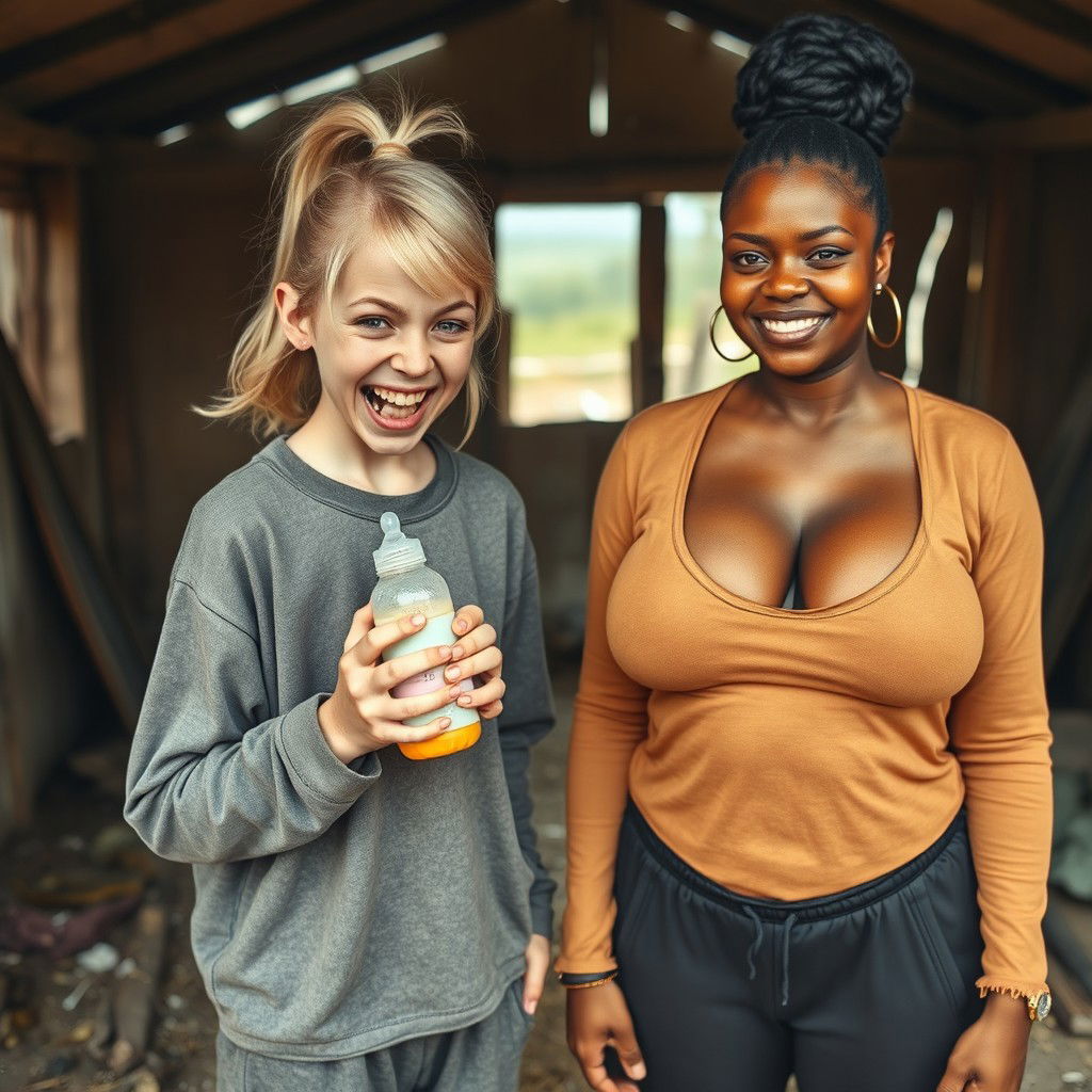 In an abandoned poor shack, a malnourished 19-year-old evil-looking blonde woman with blue eyes holds a baby bottle, her eyes wide and manic as she screams and smiles