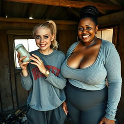 In an abandoned poor shack, a malnourished 19-year-old evil-looking blonde woman with blue eyes holds a baby bottle, her eyes wide and manic as she screams and smiles