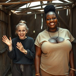 In an abandoned poor shack, a 19-year-old malnourished evil-looking blonde woman with blue eyes is praising, her eyes wide and manic as she screams and smiles