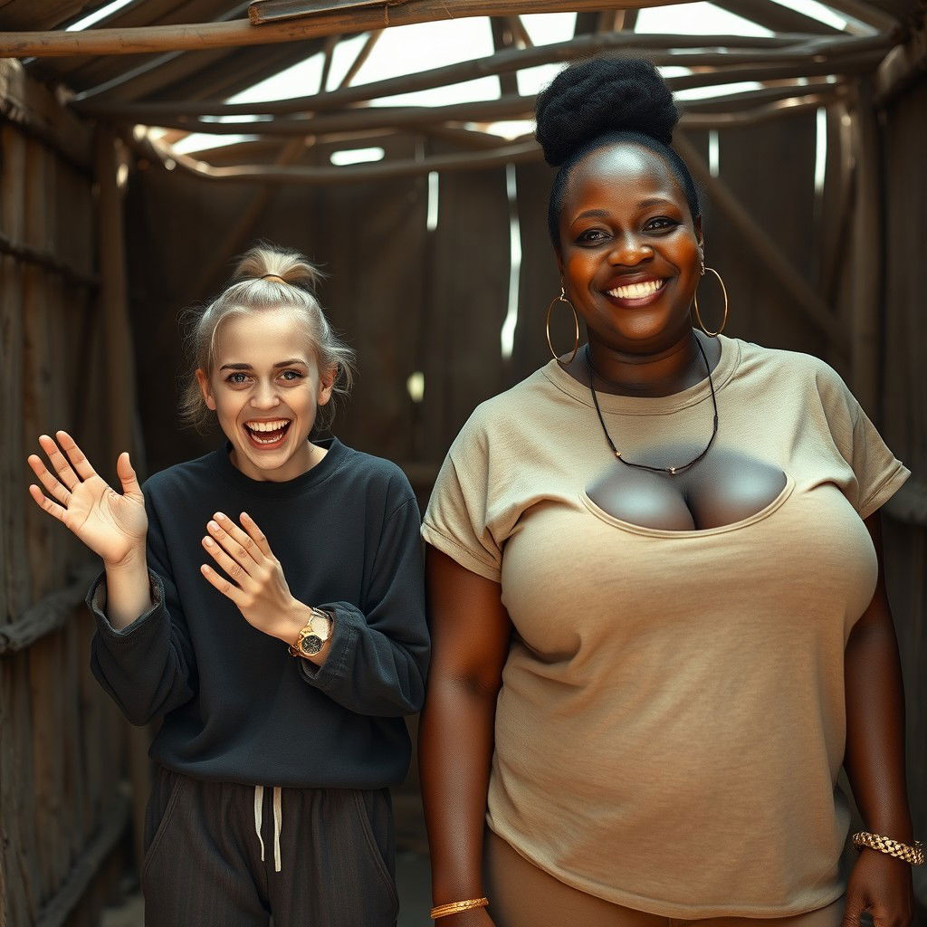 In an abandoned poor shack, a 19-year-old malnourished evil-looking blonde woman with blue eyes is praising, her eyes wide and manic as she screams and smiles