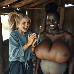 In an abandoned poor shack, a 19-year-old malnourished evil-looking blonde woman with blue eyes is praising, her eyes wide and manic as she screams and smiles