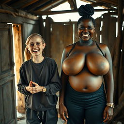 In an abandoned poor shack, a 19-year-old malnourished evil-looking blonde woman with blue eyes is praising, her eyes wide and manic as she screams and smiles