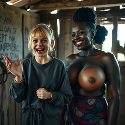 In an abandoned poor shack, a 19-year-old malnourished evil-looking blonde woman with blue eyes is praising, her eyes wide and manic as she screams and smiles