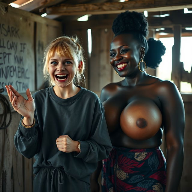 In an abandoned poor shack, a 19-year-old malnourished evil-looking blonde woman with blue eyes is praising, her eyes wide and manic as she screams and smiles