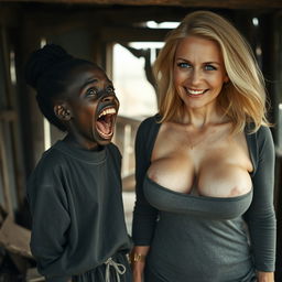 In a dilapidated, abandoned shack, a very small and unsettling 22-year-old African woman with deeply black skin expresses desperate happiness