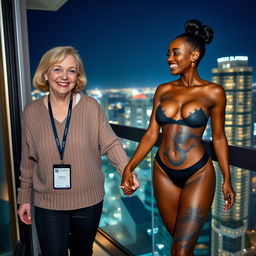 On the balcony of a high-rise suite at night, a lively and joyful scene features two women