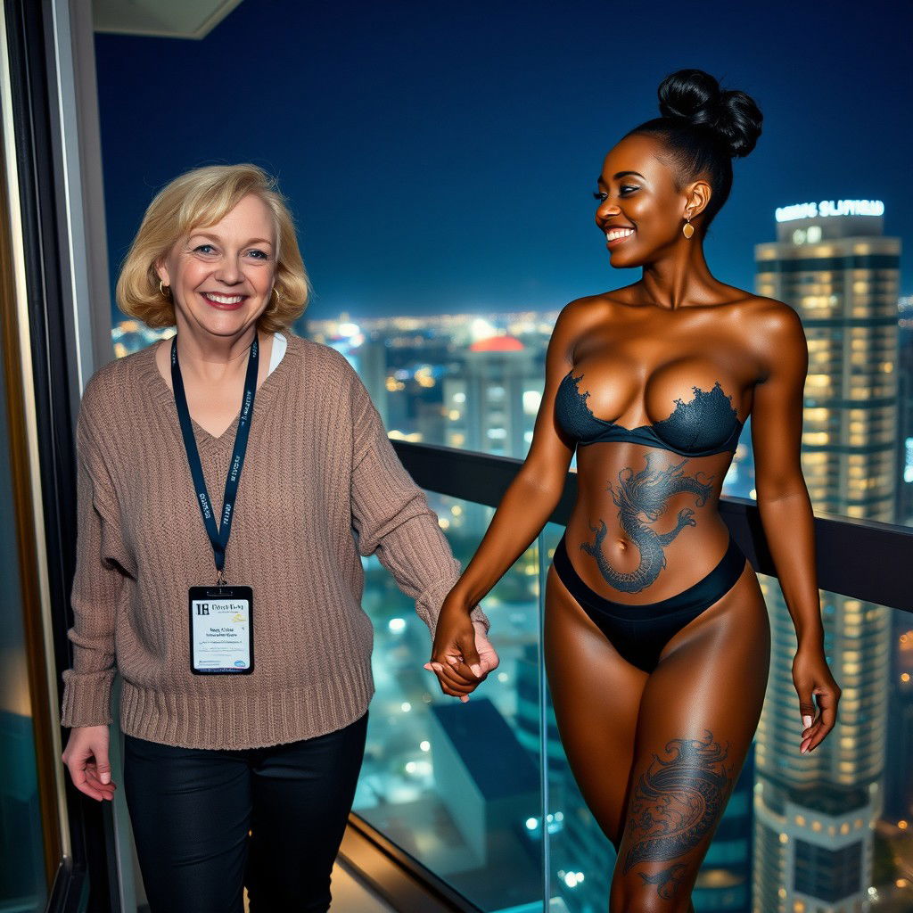 On the balcony of a high-rise suite at night, a lively and joyful scene features two women