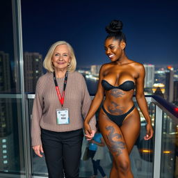 On the balcony of a high-rise suite at night, a lively and joyful scene features two women