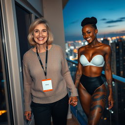 On the balcony of a high-rise suite at night, a lively and joyful scene features two women
