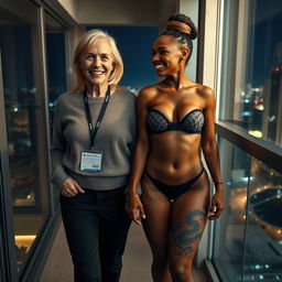 On the balcony of a high-rise suite at night, a lively and joyful scene features two women