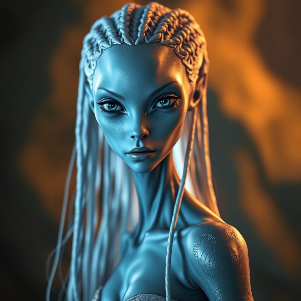 A tall, slender alien woman with long limbs and shimmering blue skin