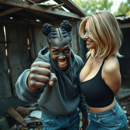 In an abandoned, rundown shack, a dramatic scene unfolds featuring a malevolent 19-year-old African woman