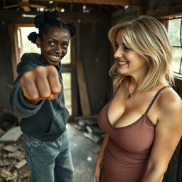 In an abandoned, rundown shack, a dramatic scene unfolds featuring a malevolent 19-year-old African woman