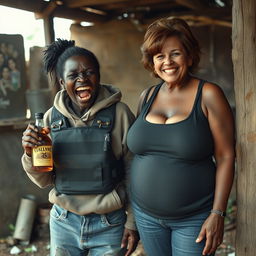 In an abandoned shack in Africa, a chaotic scene unfolds featuring a 25-year-old malnourished Black African woman who is intoxicated, gripping a bottle of liquor
