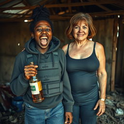 In an abandoned shack in Africa, a chaotic scene unfolds featuring a 25-year-old malnourished Black African woman who is intoxicated, gripping a bottle of liquor