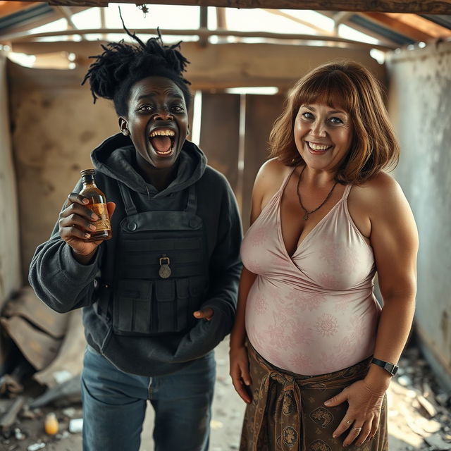 In an abandoned shack in Africa, a chaotic scene unfolds featuring a 25-year-old malnourished Black African woman who is intoxicated, gripping a bottle of liquor