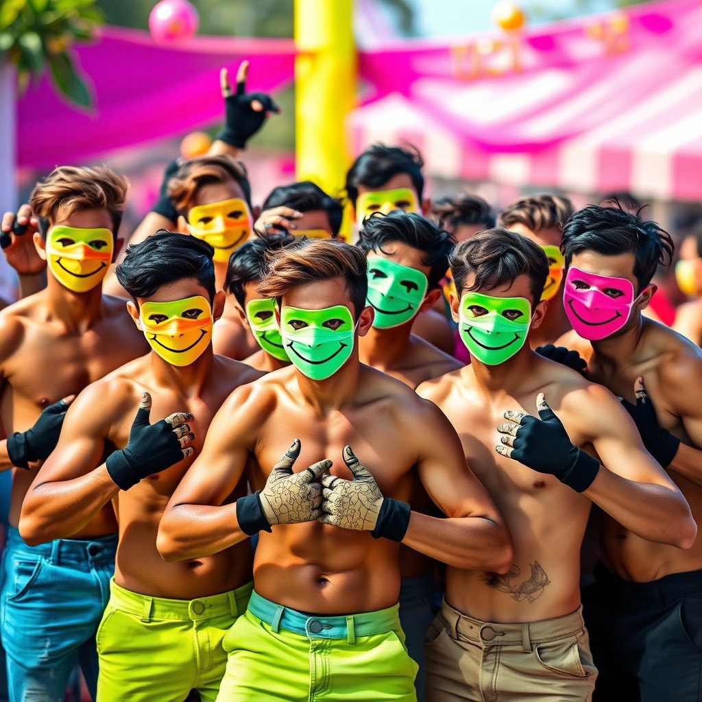 A colorful and lively scene featuring a group of young men with fit physiques, all without shirts