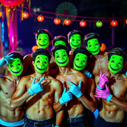 A colorful and lively scene featuring a group of young men with fit physiques, all without shirts