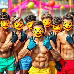 A colorful and lively scene featuring a group of young men with fit physiques, all without shirts