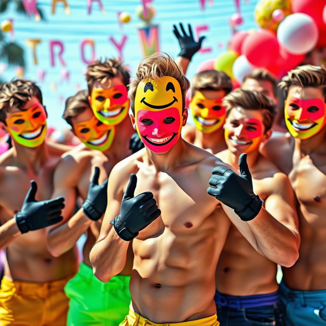A colorful and lively scene featuring a group of young men with fit physiques, all without shirts
