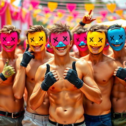 A vibrant and energetic scene featuring a group of young men without shirts, showcasing their athletic bodies