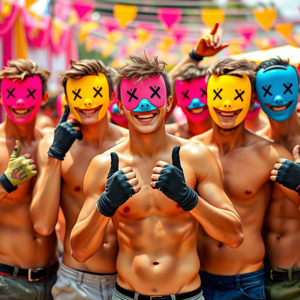 A vibrant and energetic scene featuring a group of young men without shirts, showcasing their athletic bodies