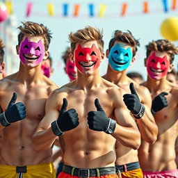 A vibrant and energetic scene featuring a group of young men without shirts, showcasing their athletic bodies