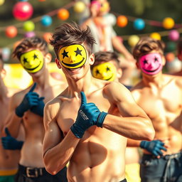 A vibrant and energetic scene featuring a group of young men without shirts, showcasing their athletic bodies