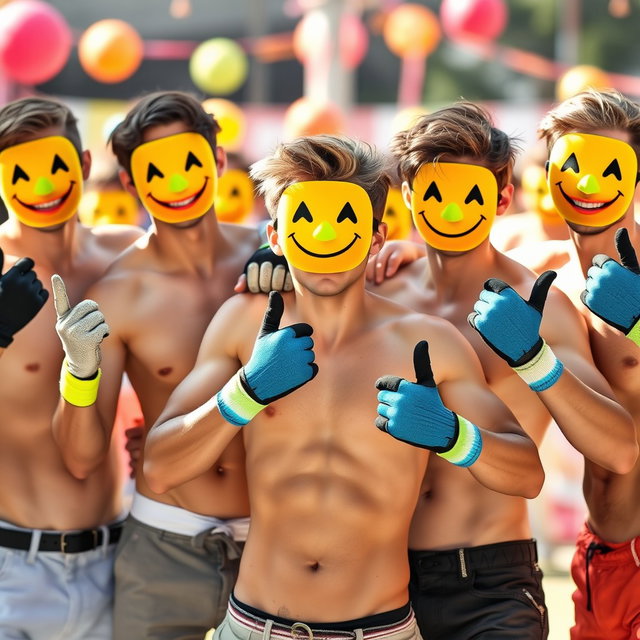 A vibrant and energetic scene featuring a group of young men without shirts, showcasing their athletic bodies