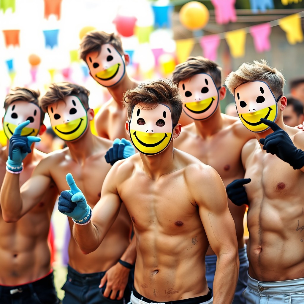 A vibrant scene featuring a group of young men without shirts, highlighting their athletic builds