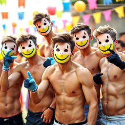 A vibrant scene featuring a group of young men without shirts, highlighting their athletic builds