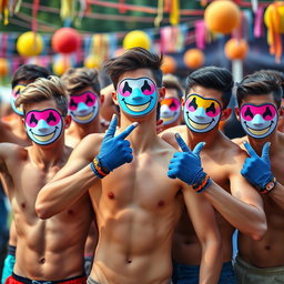 A vibrant scene featuring a group of young men without shirts, highlighting their athletic builds