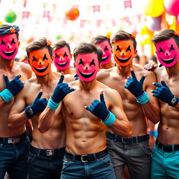 A vibrant scene featuring a group of young men without shirts, highlighting their athletic builds