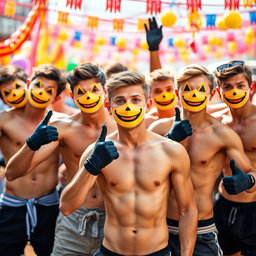 A vibrant scene featuring a group of young men without shirts, highlighting their athletic builds