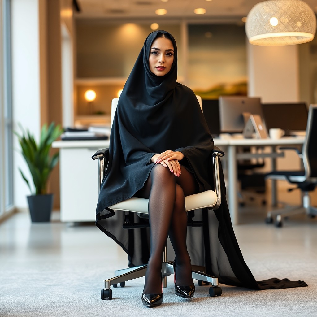 A woman elegantly dressed in a black chador that completely envelops her, showcasing her traditional attire with grace