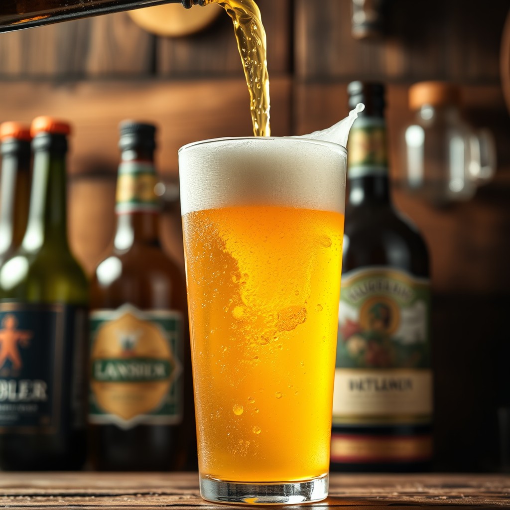 A high-quality image of a golden beer being poured into a clear, tall glass
