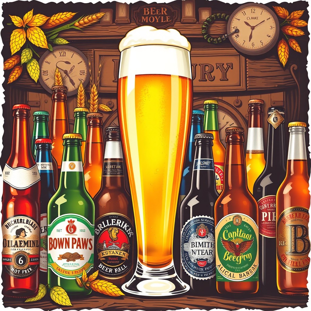 A vibrant and enticing poster featuring an assortment of different beer bottles and glasses