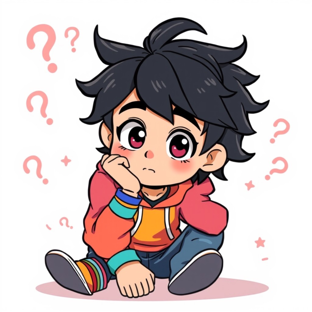 A cartoonish depiction of a teenager with messy, curly black hair, sitting with a thoughtful expression