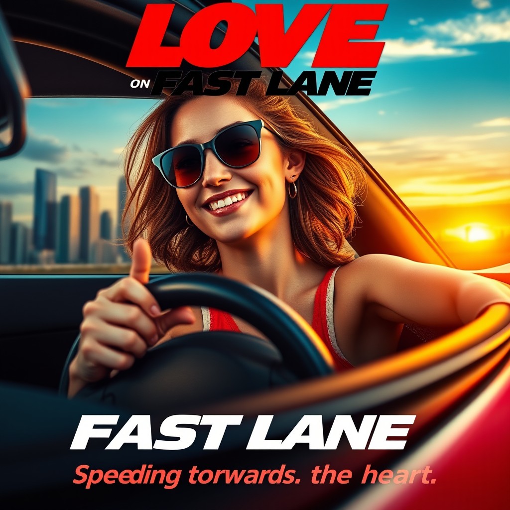 A vibrant and engaging film poster showcasing a young lady as a determined car driver, confidently gripping the steering wheel of a sleek, modern sports car
