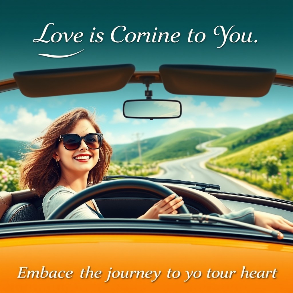 An enchanting film poster titled 'Love is Coming to You', featuring a young lady as a confident car driver