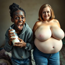 In a poor bedroom, a frantic 18-year-old malnourished black African woman holds a baby bottle filled with milk