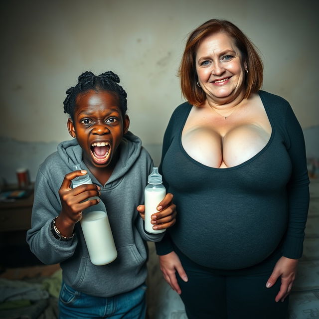 In a poor bedroom, a frantic 18-year-old malnourished black African woman holds a baby bottle filled with milk