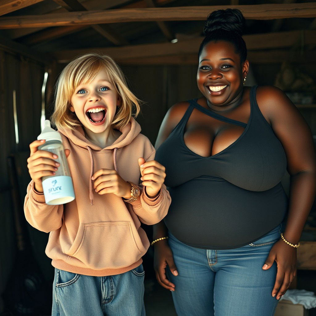 In a humble shack, a lively scene features a 22-year-old eccentric malnourished woman with medium-length blonde hair and bright blue eyes, energetically shouting with a wide grin while holding a baby bottle