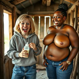In a humble shack, a lively scene features a 22-year-old eccentric malnourished woman with medium-length blonde hair and bright blue eyes, energetically shouting with a wide grin while holding a baby bottle