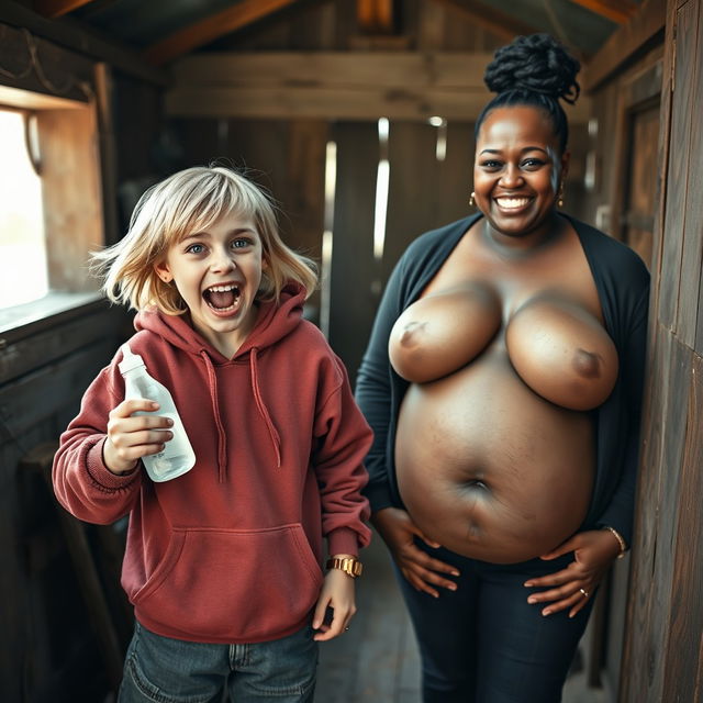 In a humble shack, a lively scene features a 22-year-old eccentric malnourished woman with medium-length blonde hair and bright blue eyes, energetically shouting with a wide grin while holding a baby bottle