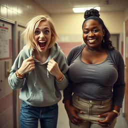 In a mental asylum setting, a striking scene features a 22-year-old eccentric malnourished woman with medium-length blonde hair and bright blue eyes, energetically shouting with a wide grin and wide-eyed expression that emphasizes her playful insanity