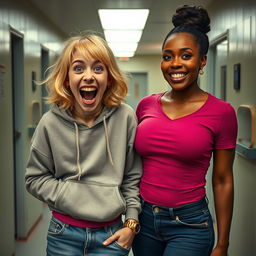 In a mental asylum setting, a striking scene features a 22-year-old eccentric malnourished woman with medium-length blonde hair and bright blue eyes, energetically shouting with a wide grin and wide-eyed expression that emphasizes her playful insanity