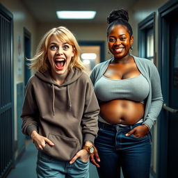 In a mental asylum setting, a striking scene features a 22-year-old eccentric malnourished woman with medium-length blonde hair and bright blue eyes, energetically shouting with a wide grin and wide-eyed expression that emphasizes her playful insanity