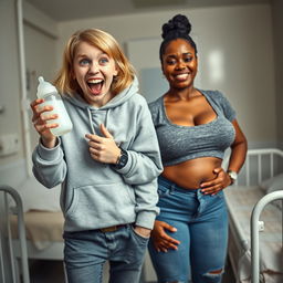 In a mental asylum room, the scene depicts a 22-year-old eccentric malnourished woman with medium-length blonde hair and bright blue eyes, energetically shouting with a wide grin while holding a baby bottle